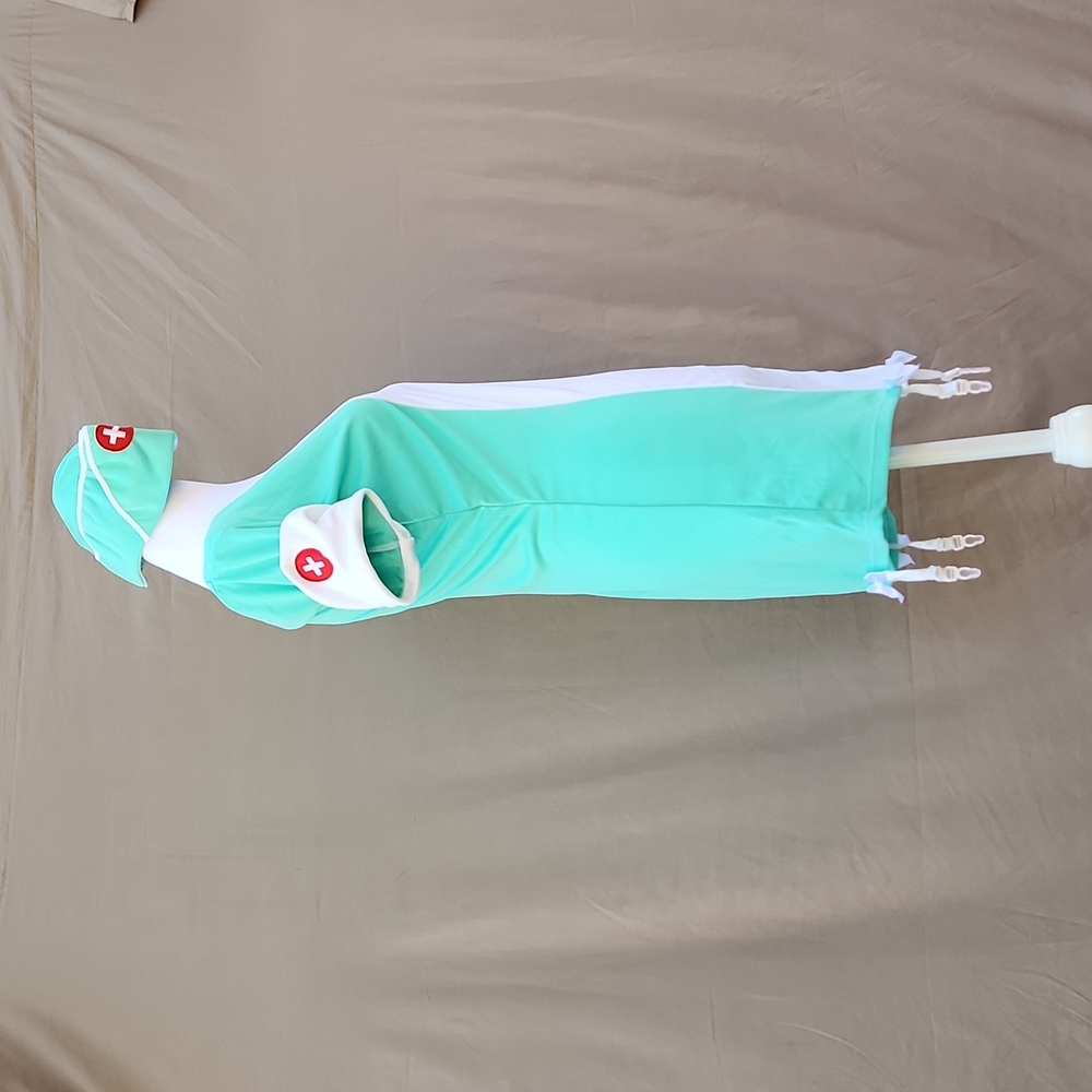 FORPLAY Sexy Nurse Halloween Costume m/l garter belt dress, hat, green white - Picture 3 of 11
